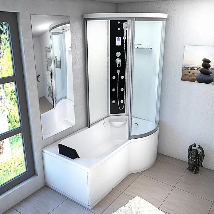AcquaVapore Komplettdusche Fertigdusche K55-L01 - 170 x 98 x 220 cm, Weiß - Weiße Eckbadewanne mit integrierter Duschkabine, mit schwarzem Bedienfeld und Klarglas/Milchglas.