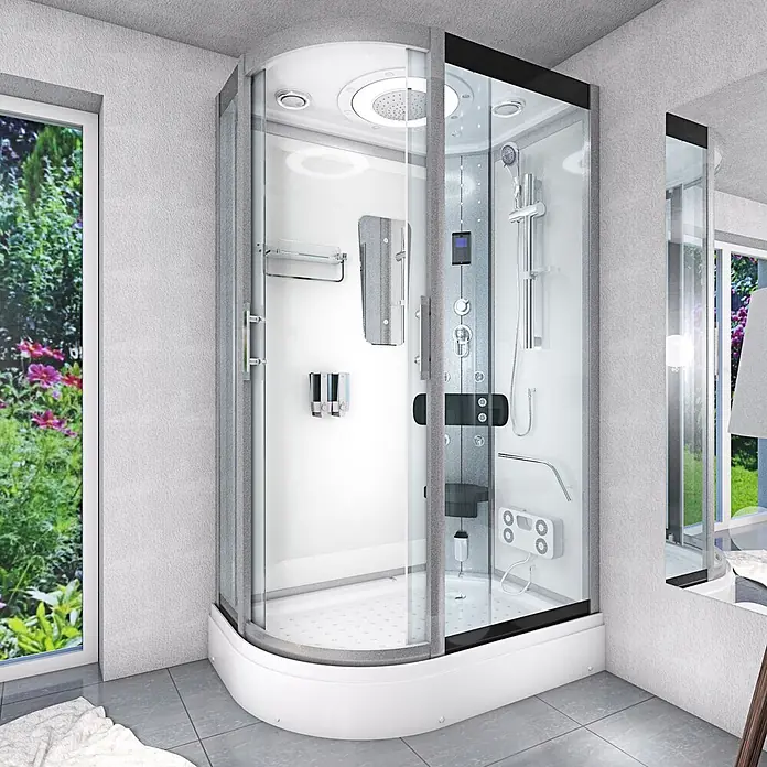 AcquaVapore Komplettdusche Fertigdusche D60-70T0L-EC - Weiß - Moderne Eckdampfduschkabine mit Klarglastüren, weißer Wanne und grauem Rahmen.