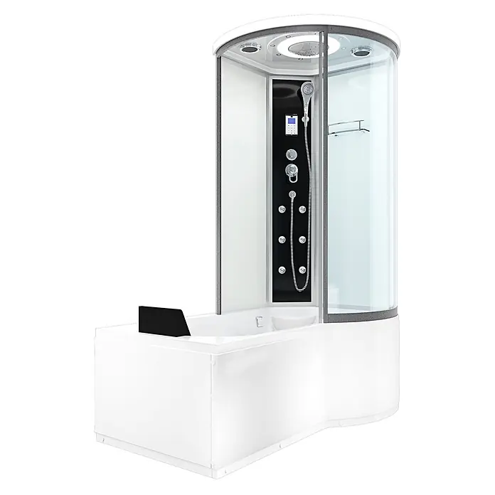 AcquaVapore Komplettdusche Fertigdusche K55-L01 - 170 x 98 x 220 cm, Weiß - Weiße Duschkabine mit integrierter Badewanne, schwarzem Bedienfeld und Chrom-Armaturen.