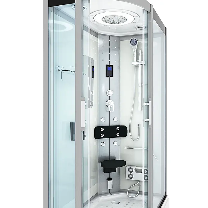 AcquaVapore Komplettdusche Fertigdusche D60-70T0L-EC - Weiß - Moderne Multifunktions-Duschkabine mit Glaspaneelen, integrierter Regendusche, Handbrause, Bedienfeld, Massagedüsen und schwarzem klappbarem Sitz.