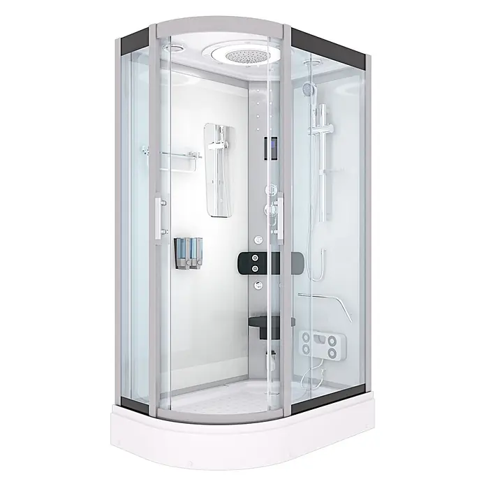 AcquaVapore Komplettdusche Fertigdusche D60-70T0L-EC - Weiß - Moderne Eckduschkabine mit Glaswänden, weißem Boden, grauem Rahmen und Chromarmaturen, mit mehreren Brausen und Bedienelementen.