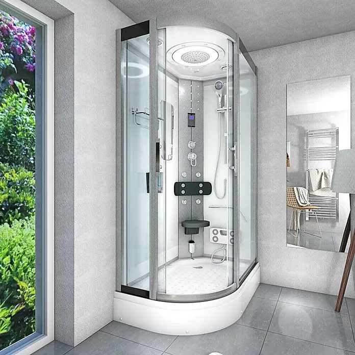 AcquaVapore Komplettdusche Fertigdusche D60-70T0L-EC - Weiß - Moderne Eckduschkabine mit Glasgehäuse und integrierten Bedienelementen in einem hellen Badezimmer.
