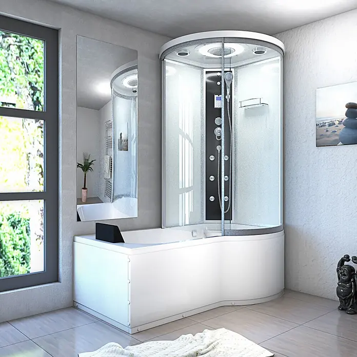AcquaVapore Komplettdusche Fertigdusche K55-L01 - 170 x 98 x 220 cm, Weiß - Weiße Eckbadewanne mit integrierter moderner Duschkabine, ausgestattet mit schwarzem Bedienfeld und mehreren Düsen.