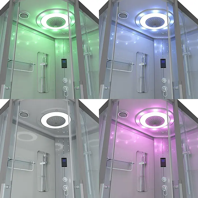 AcquaVapore Komplettdusche Fertigdusche D60-70T0L-EC - Weiß - Moderne Duschkabine mit integrierter LED-Beleuchtung in verschiedenen Farben (grün, blau, weiß, rosa).