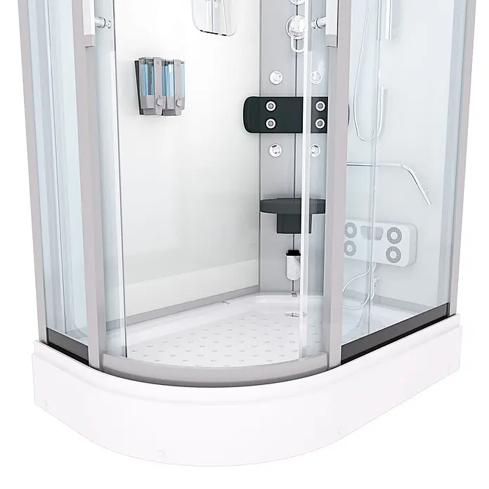 AcquaVapore Komplettdusche Fertigdusche D60-70T0L-EC - Weiß - Moderne weiße und graue Eckduschkabine mit Klarglastüren, integrierten Spendern, Bedienfeld und Klappsitz.