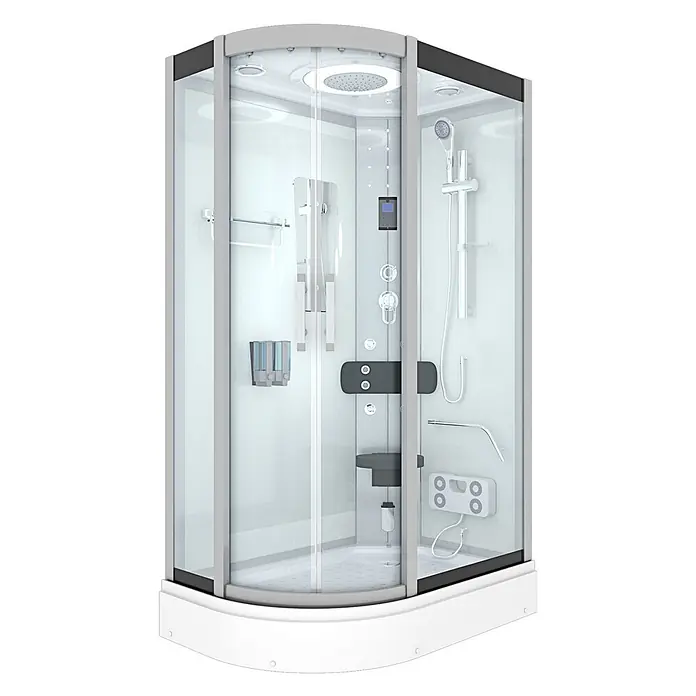 AcquaVapore Komplettdusche Fertigdusche D60-70T0L-EC - Weiß - Moderne Eckduschkabine mit weißer Basis, grauem Rahmen, Klarglas, Regendusche, Handbrause, Massagedüsen und Bedienfeld.