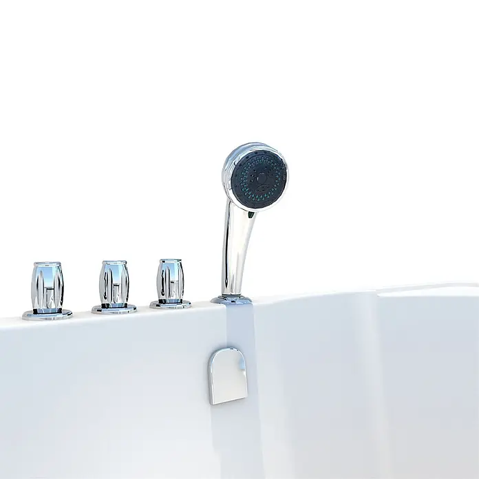 AcquaVapore Komplettdusche Fertigdusche S12D-TH-L - Weiß - Polierte Chrom-Handbrause und drei Bedienknöpfe am Rand einer weißen Badewanne.