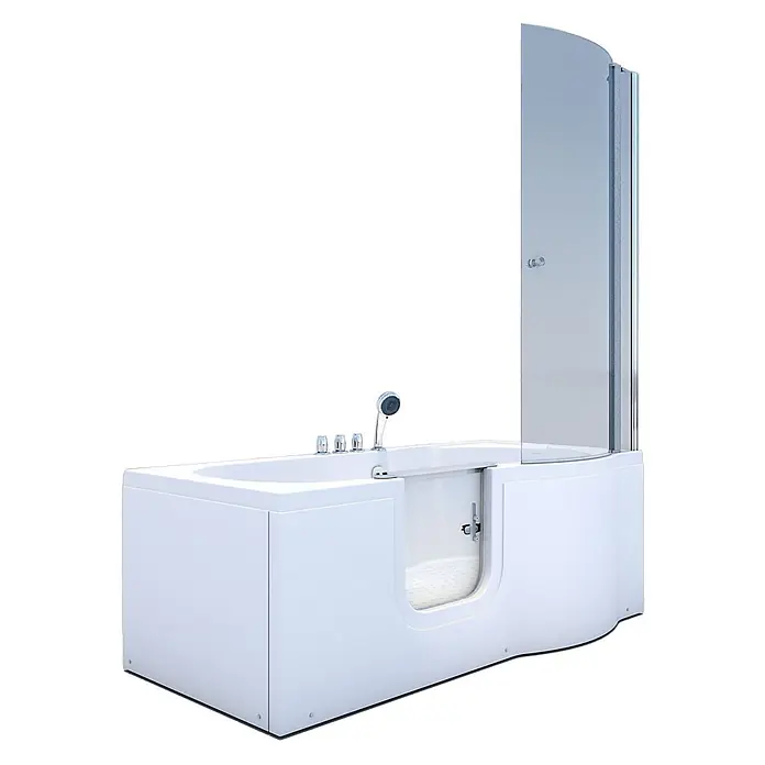 AcquaVapore Komplettdusche Fertigdusche S12D-TH-L - Weiß - Weiße begehbare Badewanne mit transparenter Duschwand und Chromarmaturen für einfachen Zugang.