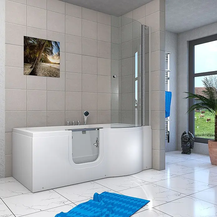 AcquaVapore Komplettdusche Fertigdusche S12D-TH-L - Weiß - Weiße begehbare Badewanne mit integrierter Glasduschwand in einem gefliesten Badezimmer.