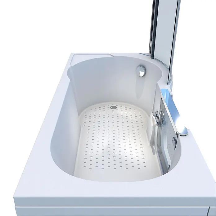 AcquaVapore Komplettdusche Fertigdusche S12D-L - Weiß - Weiße Badewanne mit integrierter Glas-Duschwand, Chromablauf und rutschfestem Boden. Inklusive glänzender Chrom-Haltegriff.