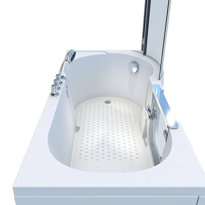 AcquaVapore Komplettdusche Fertigdusche S12D-TH-L - Weiß - Weiße barrierefreie Badewanne mit Einstieg, rutschfestem Boden, Chromarmaturen, Handbrause, Haltegriff und Duschabtrennung aus Glas.