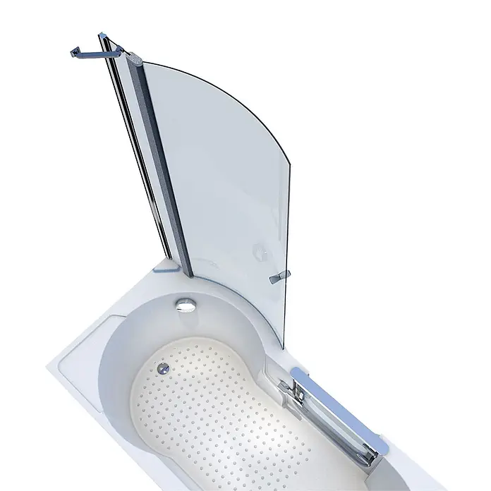 AcquaVapore Komplettdusche Fertigdusche S12D-L - Weiß - Weiße Badewanne mit integrierter klarer Duschwand, texturierter Antirutschboden und Chromarmaturen.
