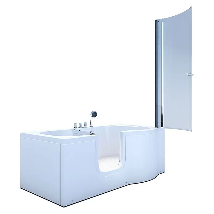 AcquaVapore Komplettdusche Fertigdusche S12D-TH-L - Weiß - Weiße begehbare Badewanne mit integriertem Sitz, Chromarmaturen und transparenter Duschwand.