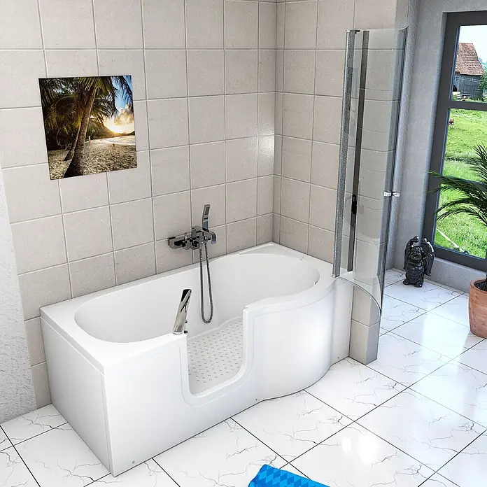 AcquaVapore Komplettdusche Fertigdusche S12D-L - Weiß - Weiße barrierefreie Badewanne mit integrierter Duschwand im gefliesten Badezimmer.