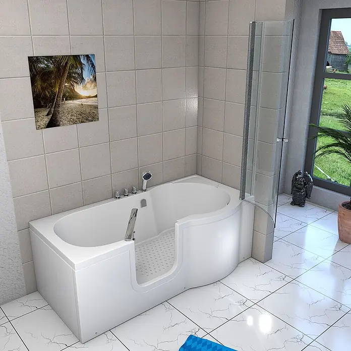 AcquaVapore Komplettdusche Fertigdusche S12D-TH-L - Weiß - Weiße begehbare Badewanne mit integrierter Duschwand in einem modernen Badezimmer.