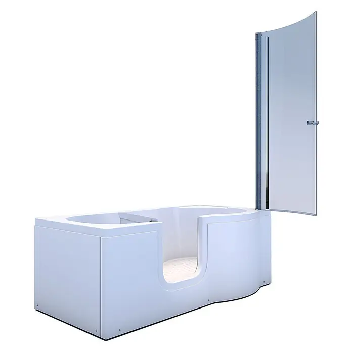 AcquaVapore Komplettdusche Fertigdusche S12D-L - Weiß - Weiße barrierefreie Badewannen-Duschkombination mit gebogener Glasduschwand.