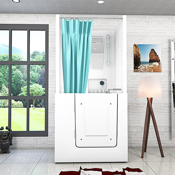 AcquaVapore Komplettdusche Fertigdusche S02D-TH-B-L - Weiß - Weiße begehbare Dusch-/Badewannen-Einheit mit blauem Vorhang in modernem Raum mit großem Fenster.