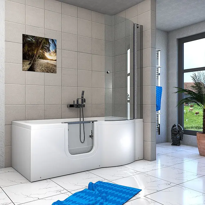 AcquaVapore Komplettdusche Fertigdusche S12D-L - Weiß - Weiße barrierefreie Badewanne mit Glasduschabtrennung in einem gefliesten Badezimmer.
