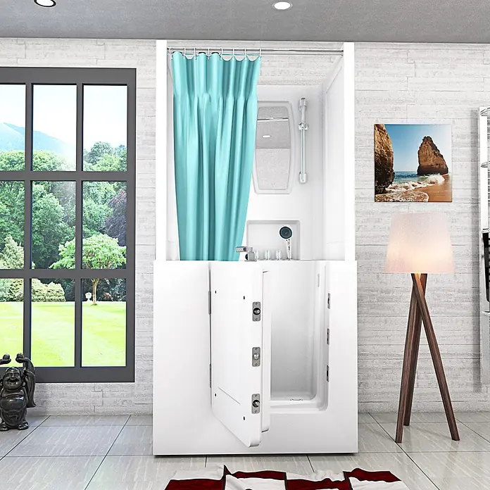 AcquaVapore Komplettdusche Fertigdusche S02D-TH-B-L - Weiß - Kompakte weiße modulare Duschkabine mit blauem Vorhang, mit geöffneten Türen in einem Raum integriert.