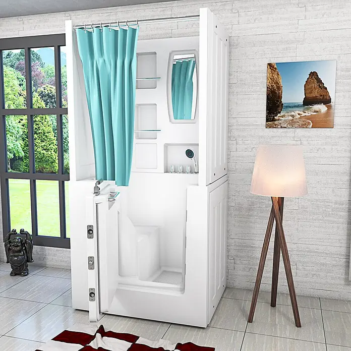AcquaVapore Komplettdusche Fertigdusche S02D-TH-B-L - Weiß - Weißes begehbares Duschsystem mit offener Tür und blauem Duschvorhang in einem modernen Raum.