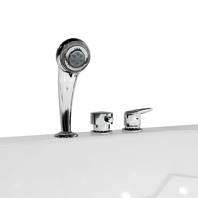 AcquaVapore Komplettdusche Fertigdusche S17D-EH-R-EC - 75 x 150 x 210 cm, Weiß - Verchromte dreiteilige Wannenarmatur mit Handbrause, Umsteller und Hebelgriff am weißen Wannenrand.
