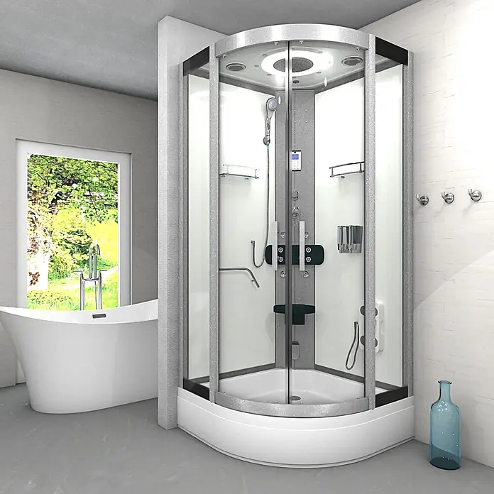 AcquaVapore Komplettdusche Dampfdusche D58-60T2-EC - 100 x 100 x 225 cm, Weiß - Moderne Eck-Dampfduschkabine mit Glas, weißem Unterbau, Massagedüsen und Sitz in einem modernen Badezimmer.