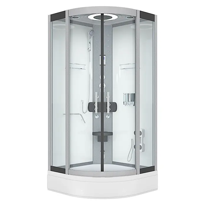 AcquaVapore Komplettdusche Dampfdusche D58-60T2-EC - 100 x 100 x 225 cm, Weiß - Moderne grau-weiße Duschkabine mit Klarglas, Regendusche, Handbrause, Massagedüsen, integrierter Steuerung und Sitz.