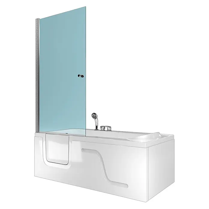 AcquaVapore Komplettdusche Fertigdusche S17D-EH-R-EC - 75 x 150 x 210 cm, Weiß - Weiße begehbare Badewanne mit hellblauer Duschwand und Chromarmaturen.