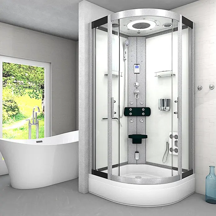 AcquaVapore Komplettdusche Dampfdusche D58-60T2-EC - 100 x 100 x 225 cm, Weiß - Moderne Eckduschkabine mit Klarglastüren, weißer Basis und integrierten Hydromassagefunktionen.
