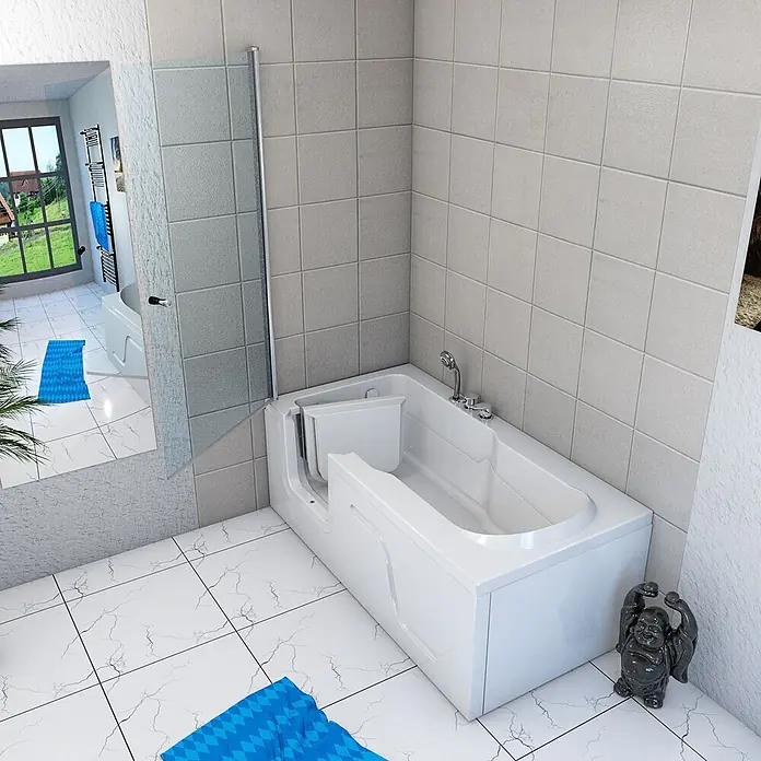 AcquaVapore Komplettdusche Fertigdusche S17D-EH-R-EC - 75 x 150 x 210 cm, Weiß - Weiße Badewanne mit Einstiegstür, integriertem Sitz und Handbrause in einem gefliesten Badezimmer.