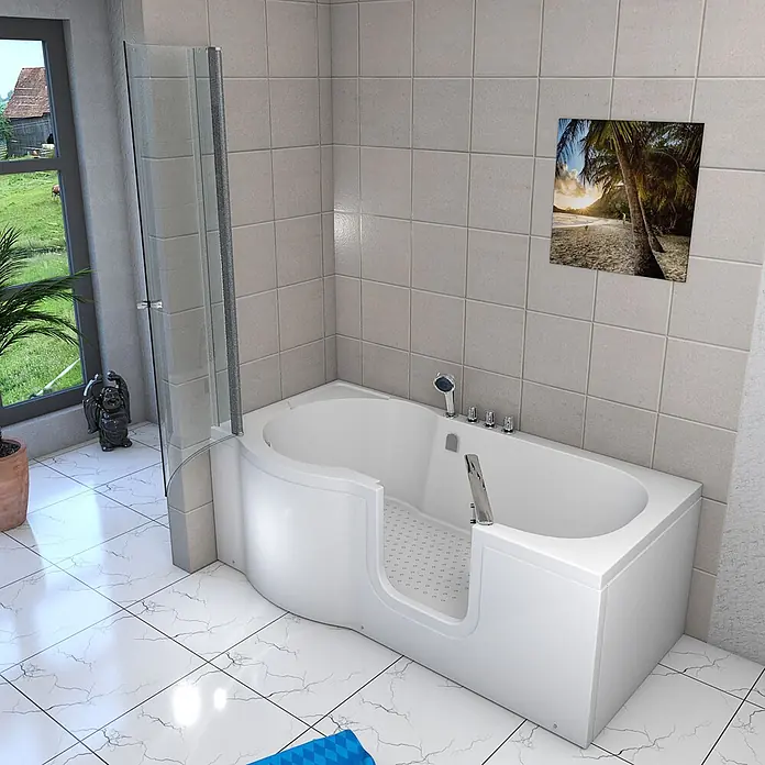 AcquaVapore Komplettdusche Fertigdusche S12D-TH-R - 85 x 170 x 200 cm, Weiß - Weiße Badewanne mit Einstieg und integrierter Duschwand im modernen Badezimmer.