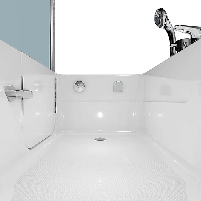 AcquaVapore Komplettdusche Fertigdusche S17D-EH-R-EC - 75 x 150 x 210 cm, Weiß - Innenansicht einer weißen begehbaren Duschwanne/Badewanne mit rutschfestem Strukturboden und Chromarmaturen, inklusive Handbrause.