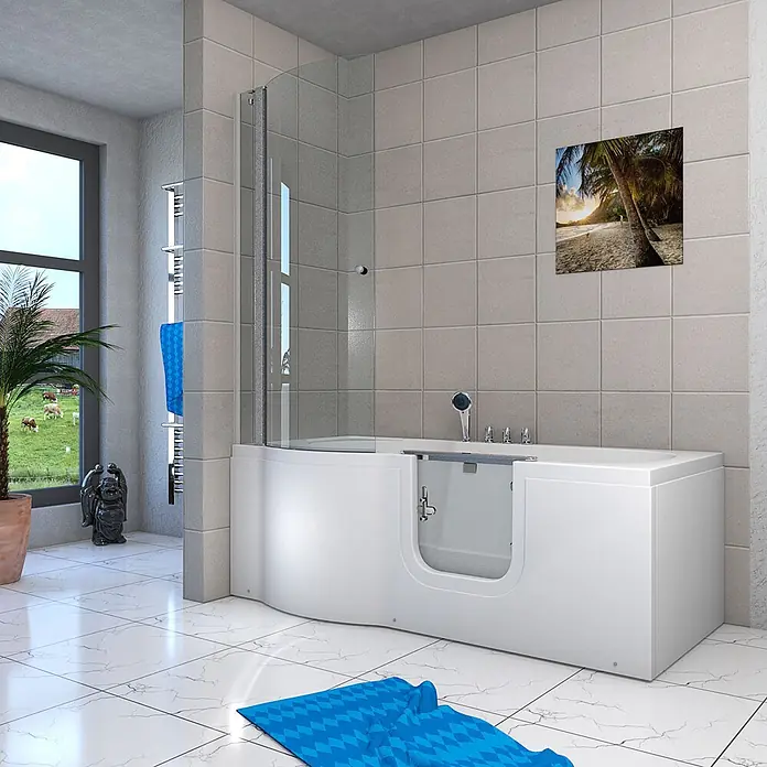 AcquaVapore Komplettdusche Fertigdusche S12D-TH-R - 85 x 170 x 200 cm, Weiß - Weiße begehbare Badewanne mit integrierter Glasduschwand für barrierefreies Duschen und Baden im modernen Badezimmer.