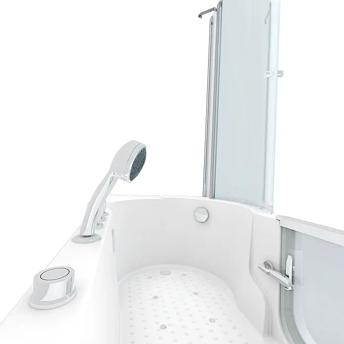 AcquaVapore Komplettdusche Fertigdusche S12D-TH-AIR-L - Weiß - Weiße Badewanne mit integrierter Handbrause, silbernen Bedienelementen und klarer Duschwand. Die Wanne hat eine rutschfeste, strukturierte Oberfläche.