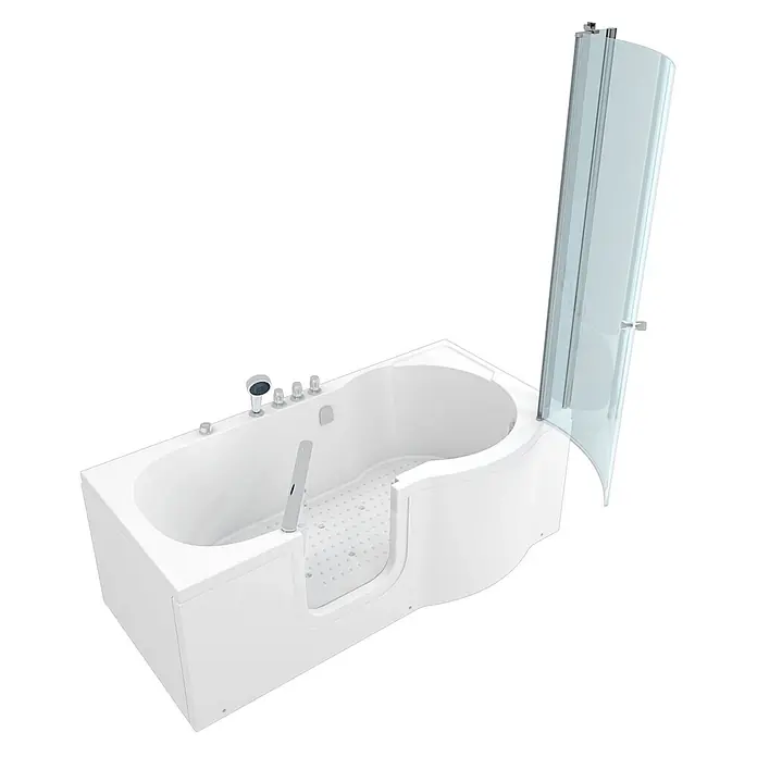 AcquaVapore Komplettdusche Fertigdusche S12D-TH-AIR-L - Weiß - Weiße begehbare Badewanne mit integrierter klarer Glasduschwand, Handbrause und rutschfestem Boden.