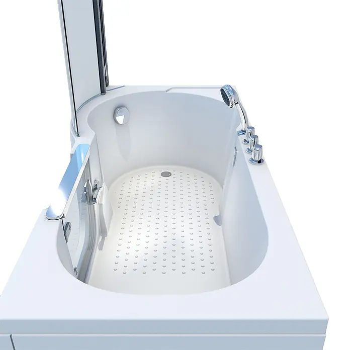 AcquaVapore Komplettdusche Fertigdusche S12D-TH-R - 85 x 170 x 200 cm, Weiß - Weiße begehbare Badewanne mit Glastür, Duschkopf, Armaturen und rutschfestem Boden.