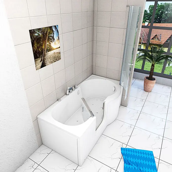 AcquaVapore Komplettdusche Fertigdusche S12D-TH-AIR-L - Weiß - Weiße begehbare Badewanne mit Dusche, die einfachen Zugang für bequemes Baden bietet.