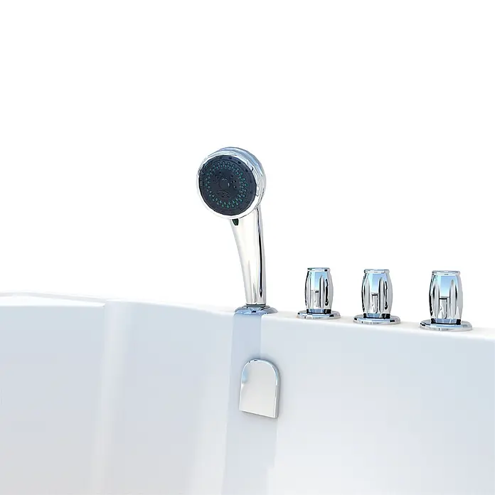 AcquaVapore Komplettdusche Fertigdusche S12D-TH-R - 85 x 170 x 200 cm, Weiß - Weiße Badewanne mit Chrom-Handbrause, drei Bedienknöpfen und passender Überlaufabdeckung.