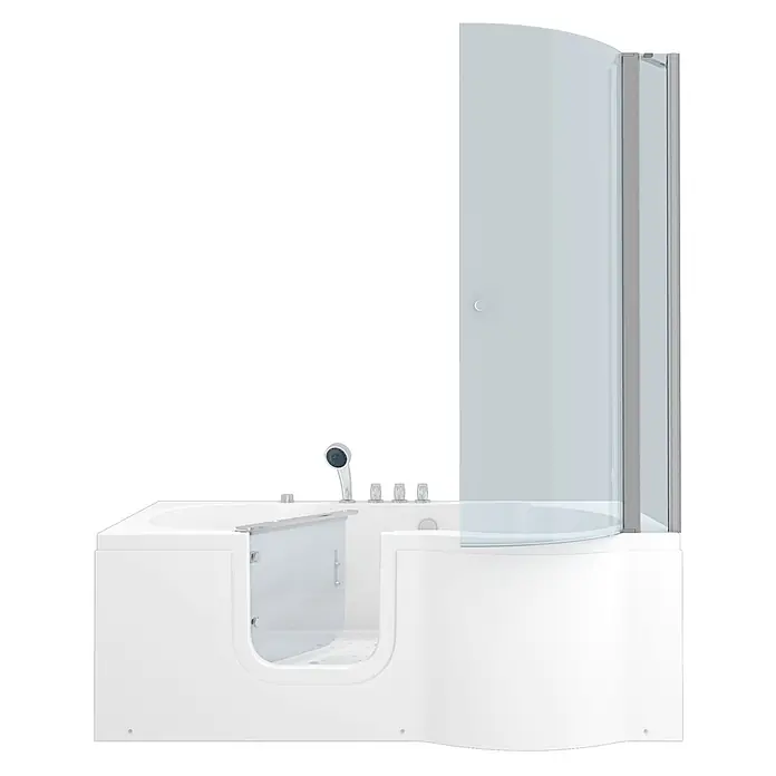 AcquaVapore Komplettdusche Fertigdusche S12D-TH-AIR-L - Weiß - Weiße begehbare Badewanne mit Glastür und integrierter gebogener Duschabtrennung aus Glas.