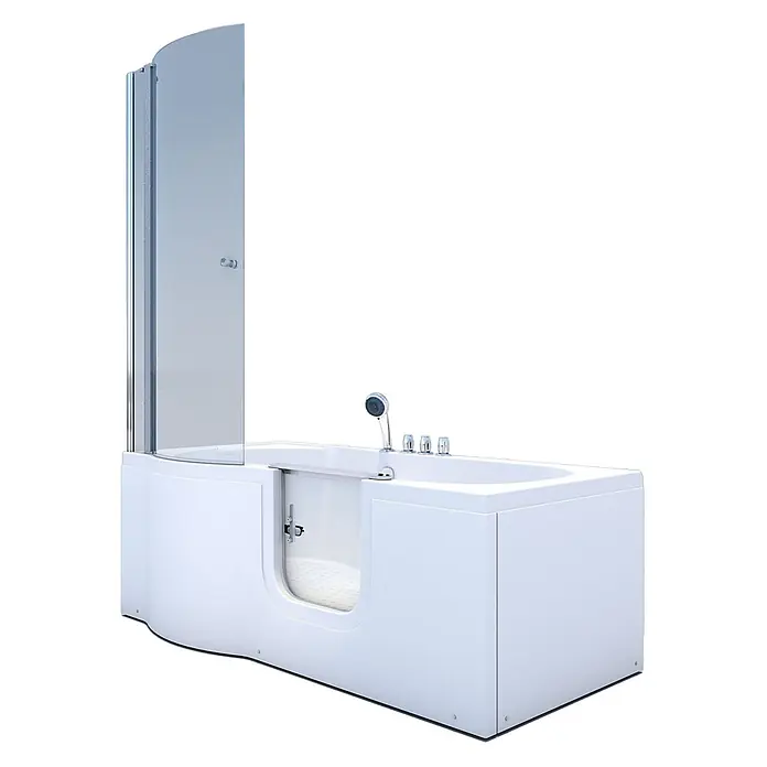 AcquaVapore Komplettdusche Fertigdusche S12D-TH-R - 85 x 170 x 200 cm, Weiß - Weiße begehbare Badewanne mit gebogener Glasduschwand und Chromarmatur mit Handbrause.