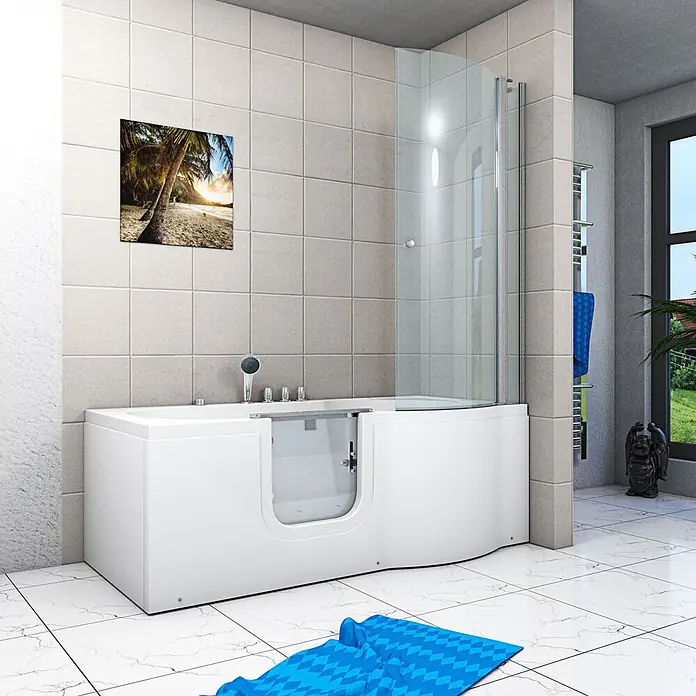 AcquaVapore Komplettdusche Fertigdusche S12D-TH-AIR-L - Weiß - Weiße barrierefreie Badewanne mit Duschabtrennung aus Glas in einem modernen gefliesten Badezimmer, bietet einfachen Zugang und Duschfunktion.