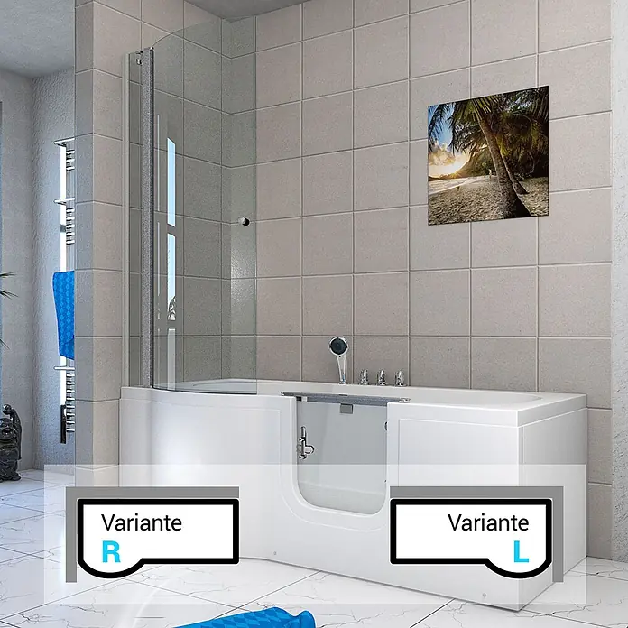 AcquaVapore Komplettdusche Fertigdusche S12D-TH-AIR-L - Weiß - Weiße Badewanne mit barrierefreiem Einstieg und klarer Glasduschwand in einem gefliesten Bad.