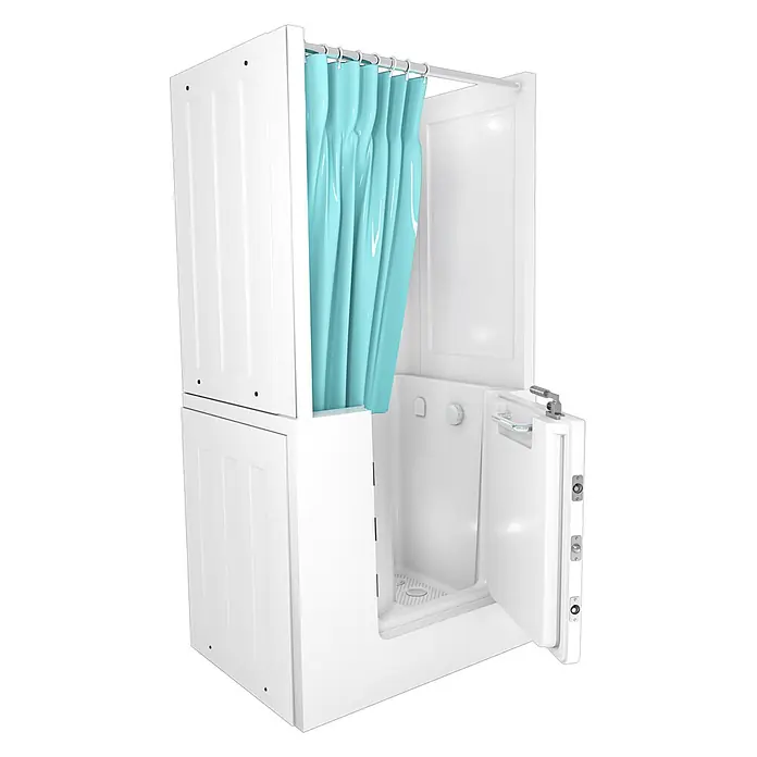 AcquaVapore Komplettdusche Fertigdusche S02D-B-R - 100 x 78 x 205 cm, Weiß - Weiße begehbare Duschkabine mit offener Tür und türkisfarbenem Vorhang, für einfachen Zugang.