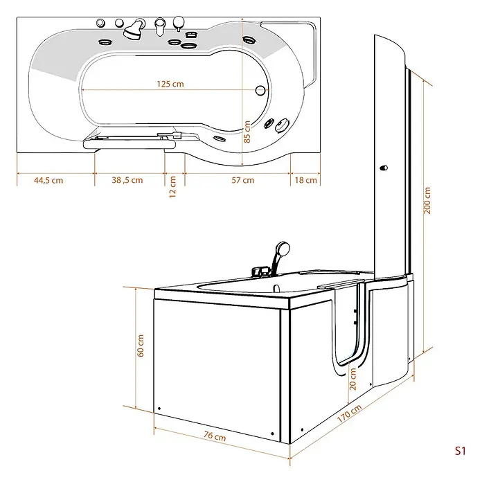 AcquaVapore Komplettdusche Fertigdusche S12D-TH-AIR-L - Weiß - Weiße Walk-in-Badewanne mit integrierter Duschabtrennung und detaillierten Maßen.
