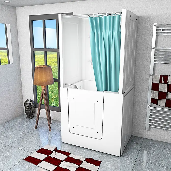 AcquaVapore Komplettdusche Fertigdusche S02D-B-R - 100 x 78 x 205 cm, Weiß - Weiße barrierefreie Badewanne mit türkisfarbenem Duschvorhang, in einem modernen Badezimmer.