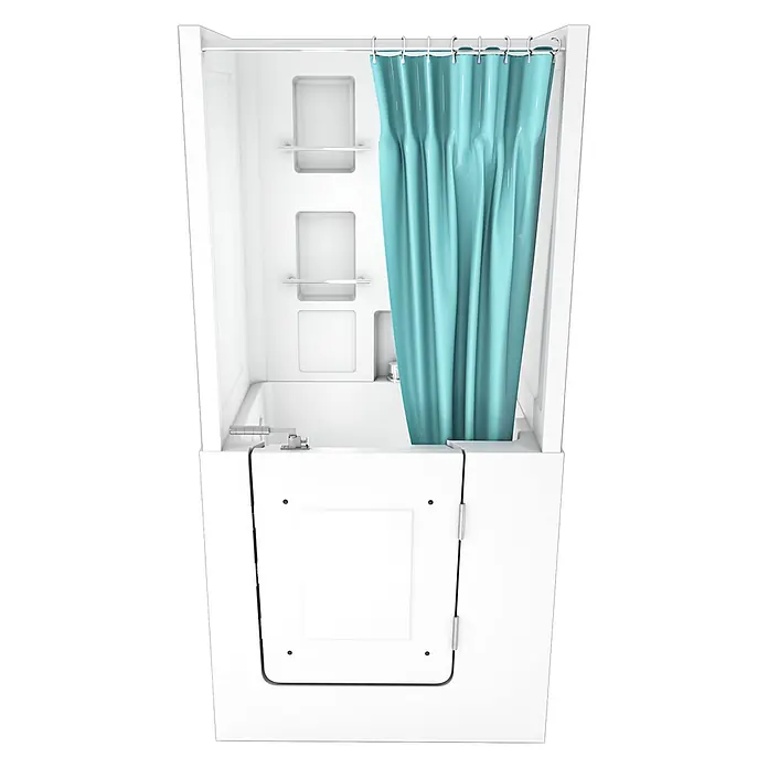 AcquaVapore Komplettdusche Fertigdusche S02D-B-R - 100 x 78 x 205 cm, Weiß - Weißer begehbarer Badewannen- und Duschkombination mit türkisfarbenem Vorhang und niedrigem Einstieg für barrierefreien Zugang.