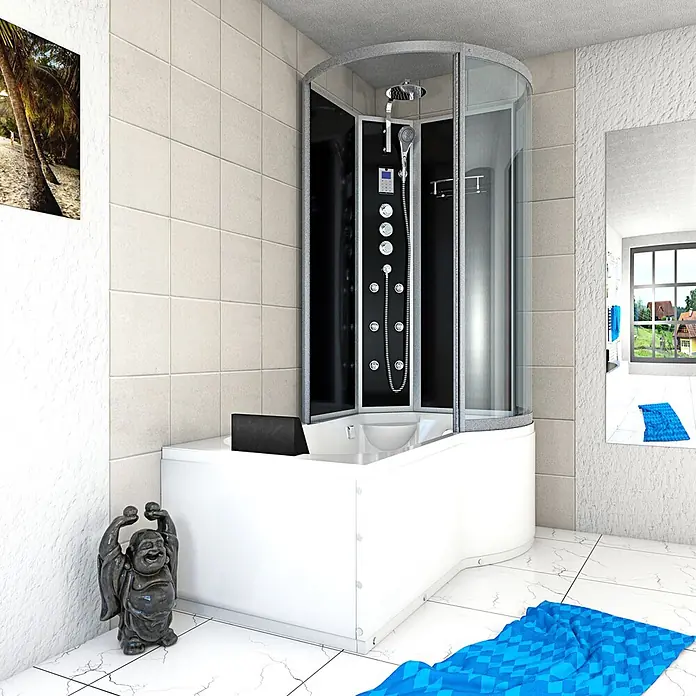 AcquaVapore Komplettdusche Fertigdusche K50-L33 - Schwarz - Eckduschkabine mit integrierter weißer Badewanne und schwarzem Duschpaneel mit Chromarmaturen, in einem modernen Badezimmer.