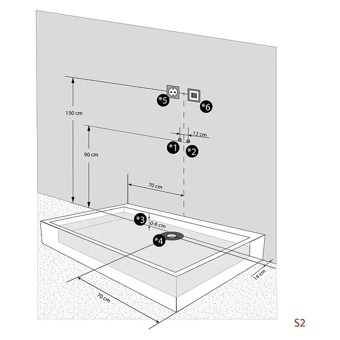 AcquaVapore Komplettdusche Dampfdusche D27-TH-EC - 140 x 90 x 215 cm, Weiß - Installationsschema mit Duschwanne, Wandarmaturen und wichtigen Maßangaben für die Platzierung.