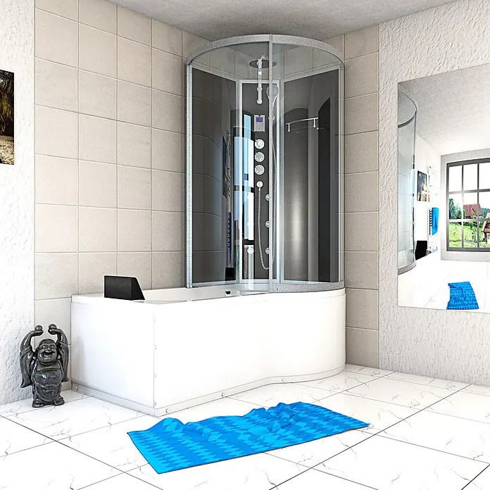 AcquaVapore Komplettdusche Fertigdusche K50-L33 - Schwarz - Moderne weiße Badewanne mit integrierter Glasduschkabine und silbernem Rahmen, ausgestattet mit einem Massageduschsystem, in einem gefliesten Bad.