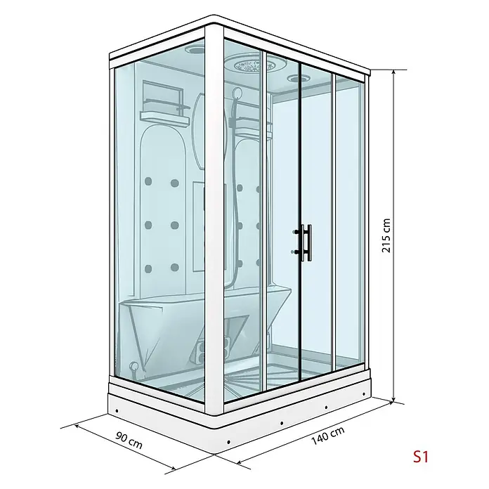 AcquaVapore Komplettdusche Dampfdusche D27-TH-EC - 140 x 90 x 215 cm, Weiß - Weiße Duschkabine mit Glaswänden und Hydromassage, Maße 140x90x215 cm.